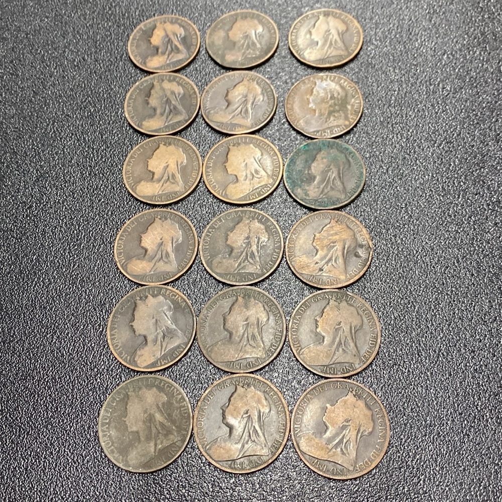 18 Queen Victoria One Penny Coins Great Britain Veiled Head